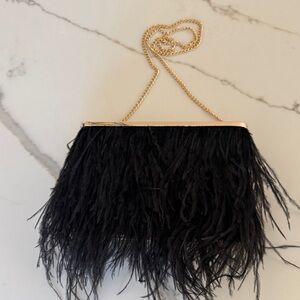 Olga Berg Black Feathered Clutch with Gold Chain